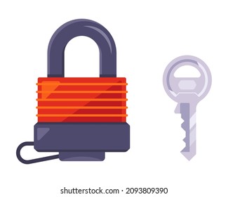 red waterproof padlock with iron key. flat vector illustration.