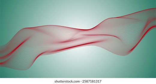 Red Wave Digital Grid on Minimal Gradient Background. Abstract red wave-like grid structure over a soft gradient teal background, illustrating motion and technology themes