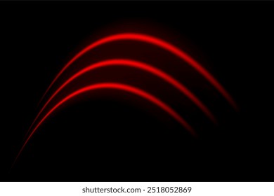 Red wave neon stripes or light flash arc. Laser beams, horizontal beams. Beautiful light reflections. Glowing stripes on a black background.