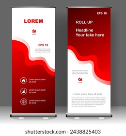 Red wave Roll up banner vertical template design, for brochure, business, flyer, infographics. modern x-banner and flag-banner advertising. vector illustration