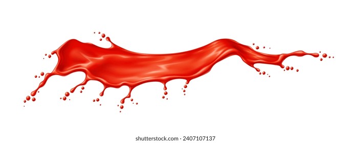 Ola roja de jugo de tomate o salsa de ketchup salpicada. Zumo de tomate fresco, jugo de bebida jugosa o salsa de ketchup fluyen fizz vectorial realista. La pintura roja muestra un goteo 3d o ondas de remolque aisladas