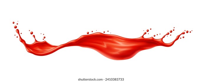 Red wave of tomato juice or ketchup sauce splash. Vector 3d liquid flow with drops and ripple texture. Realistic tomato sauce, ketchup, red vegetable juice, spicy food condiment and drink