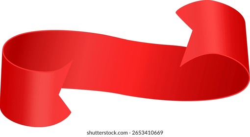 Red waving ribbon floating in the air with curled edges, creating a sense of movement and elegance, ideal for highlighting important information or adding a decorative touch