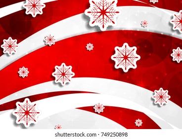 Red wavy Christmas background with snowflakes. Vector greeting card design