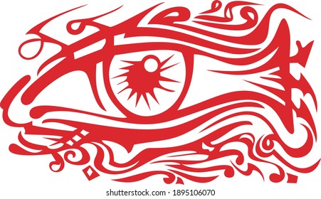Red wavy eye symbol in fish form. Abstract unusual eye for tattoo, decoration, embroidery, etc. Red on White
