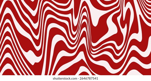 Red wavy lines abstract background. Trendy psychedelic retro style backdrop. Waves, swirl and twirl pattern. Twisted distorted vector texture.