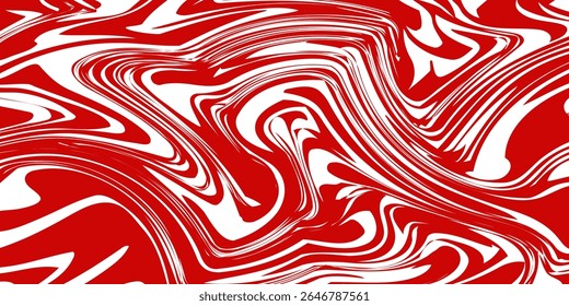 Red wavy lines abstract background. Trendy psychedelic retro style backdrop. Waves, swirl and twirl pattern. Twisted distorted vector texture.