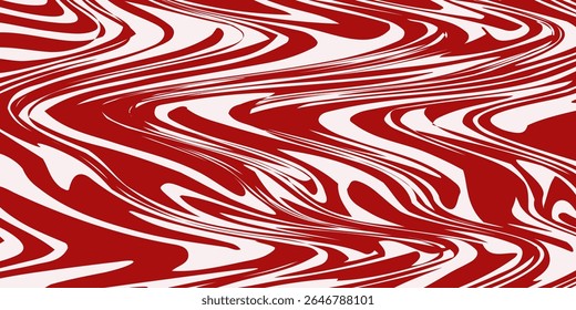 Red wavy lines abstract background. Trendy psychedelic retro style backdrop. Waves, swirl and twirl pattern. Twisted distorted vector texture.