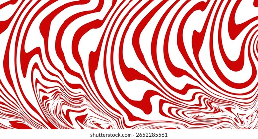 Red wavy lines abstract background. Trendy psychedelic retro style backdrop. Waves, swirl and twirl pattern. Twisted distorted vector texture.