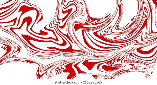Red wavy lines abstract background. Trendy psychedelic retro style backdrop. Waves, swirl and twirl pattern. Twisted distorted vector texture.