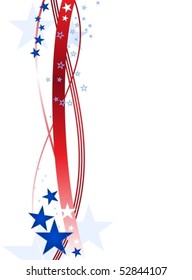 Red wavy lines and blue stars forming a patriotic border on white.  Artwork grouped and layered. Use of linear and radial gradients, global color swatches.