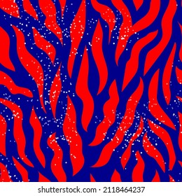 Red wavy stripes on a blue background. Seamless modern zebra pattern for trendy textured fabrics, paper. Vector.