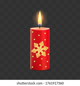 Red wax candle with gold ornament snowflakes, on dark background.