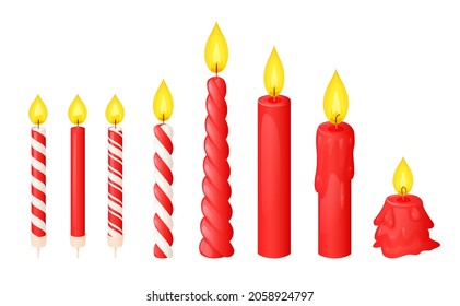 Red wax candles with flame in different stages of burn, twisted and striped. Vector cartoon set of paraffin candles with fire and wax drips. Festive decoration for birthday cake, Halloween, New Year