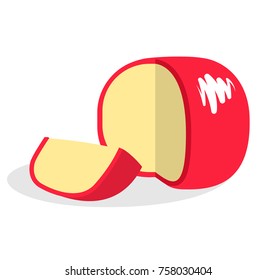 Red Wax Cheese. Flat Design Vector Illustration Of A Wheel And A Slice Of Red Wax Gouda Cheese