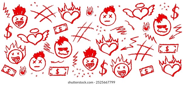 red wax crayon drawing grafitti elements. Kids drawing by marker retro rock elements. Collection of vector charcoal outline symbols cute fire heart, mohawk hairs, mouth stick out tongue on the wall.