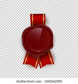 Red wax rero seal with red ribbon color vector illustration. Vintage stamp with ribbon clipart. Isolated design element for letter, certificate, diploma. Confidential document realistic decoration