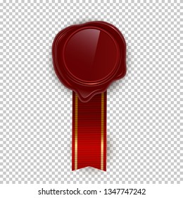 Red wax rero seal with red ribbon color vector illustration. Vintage stamp with ribbon clipart. Isolated design element for letter, certificate, diploma. Confidential document realistic decoration