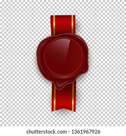 Red wax rero seal with red ribbon color vector illustration. Vintage stamp with ribbon clipart. Isolated design element for letter, certificate, diploma. Confidential document realistic decoration