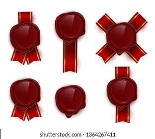 Red wax rero seals color vector illustrations set. Vintage stamps with ribbons clipart pack. Isolated design element for letter, certificate, diploma. Confidential document retro realistic decoration