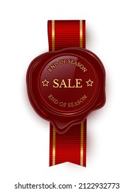 Red wax round seal with ribbon and sale gold stamp vector illustration. Realistic 3d vintage promotion for customers, circle button medallion with text for shop service isolated on white background