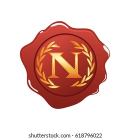Red wax seal with monogram N isolated on white background.
