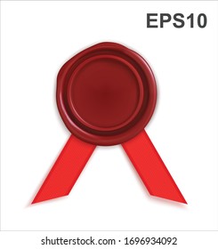 Red wax seal with ribbon. Vector illustration