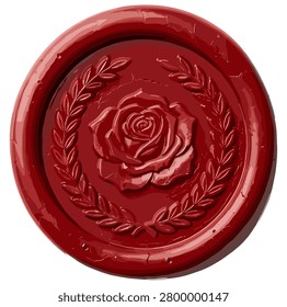 Red wax seal stamp vector illustration with rose flower and laurel wreath, vintage luxury guarantee badge icon, isolated on transparent background