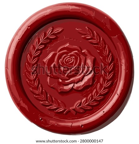 Red wax seal stamp vector illustration with rose flower and laurel wreath, vintage luxury guarantee badge icon, isolated on transparent background