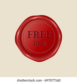 Red wax seal vector illustration. 100 % free stamp.