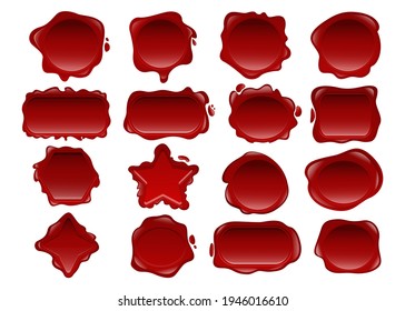 Red wax seal vector illustrations set. Collection of elegant vintage post signets in different shapes isolated on white background. Letter, Middle Ages, vintage, certificate concept