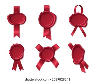 Red wax seals collection with satin ribbons in different shapes - vertical, crossed and looped. Glossy stamps with elegant decorative stripes for certificates, invitations, premium packaging design.
