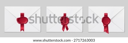Red wax stamp securing white letter envelope with decorative silk ribbon. Authentic seal design for premium mail and certificates, diplomas and official correspondence with vintage elegance.