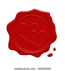 Red wax stamp with two hearts inside on a white background, vector illustration