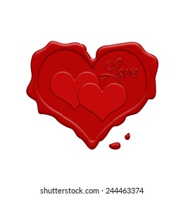 Red wax stamp with two hearts inside on a white background, vector illustration