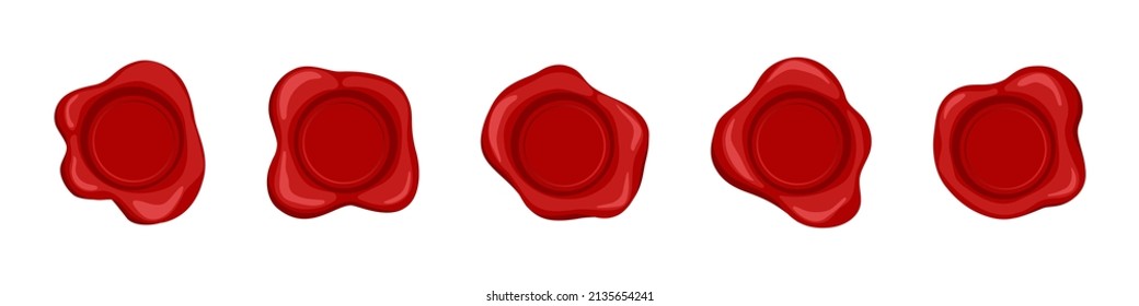 Red wax stamps. Red wax seals. Old letter or certificate. Royal design of label. Icons of warranty of quality and security. Blank mail badge and mockup. Round sticker. Vector.