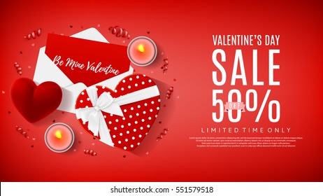 Red web backdrop for Valentine's Day sale. Top view on composition with gift box, case for ring, candles and confetti. Vector illustration with serpentine.