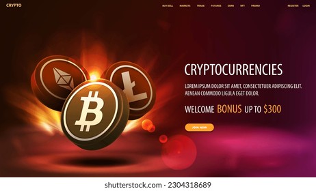 Red web banner with interface elements, Bitcoin, Litecoin and Ethereum 3D coins