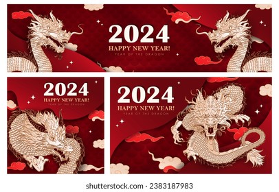 Red web banners with hand drawn paper cut clouds, stars and golden Chinese dragon zodiac sign  for 2024 New Year. Craft greeting cards in asian style. Christmas layered posters for Year of the dragon