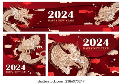 Red web banners with hand drawn paper cut clouds, stars and golden Chinese dragon zodiac sign  for 2024 New Year. Craft greeting cards in asian style. Christmas layered posters for Year of the dragon