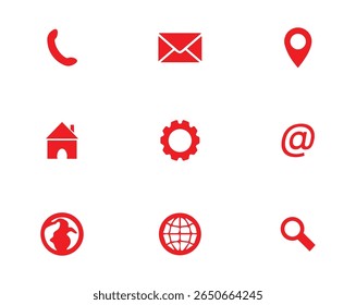 Conjunto de iconos web rojos: correo electrónico, Locación, hogar, Configuraciones, Búsqueda o más iconos, archivo de Vector