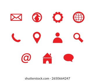 Conjunto de iconos web rojos: correo electrónico, Locación, hogar, Configuraciones, Búsqueda o más iconos, archivo de Vector