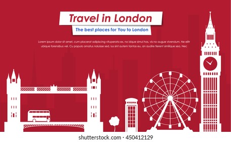 Red website header with the London sights. Template for tourist sites. White silhouette of the city. Vector illustration