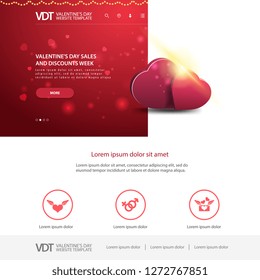 Red website template with Valentine's Day design with two hearts 