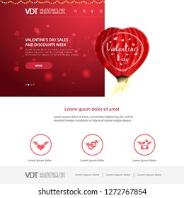 Red website template with Valentine's Day design with heart-shaped balloon
