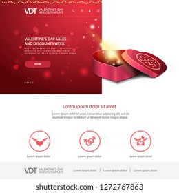 Red website template with Valentine's Day design with gift in form of heart