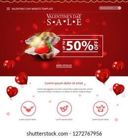 Red website template with Valentine's Day design with pearl shell and strawberry  