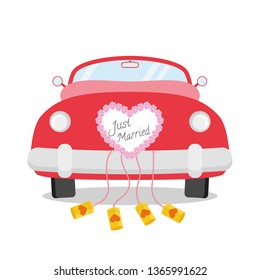 Red wedding car seen from behind with heart decoration and Just Married written on it. Wedding icon concept Vector illustration