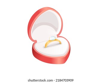 Red wedding heart shape box with golden ring vector illustration isolated on white background
