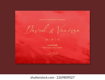 Red wedding invitation card template design with watercolor texture background